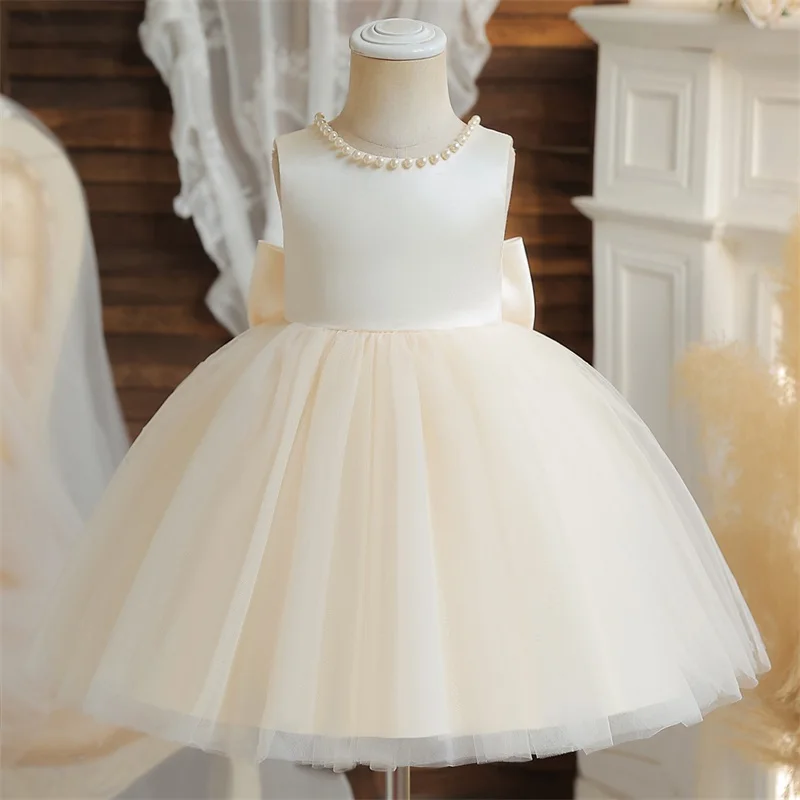 2024 Infant Baby Baptism Dress For Girls Kids Wedding Party Dresses Bow Beaded Tulle Christening Gown Birthday Children Clothes.