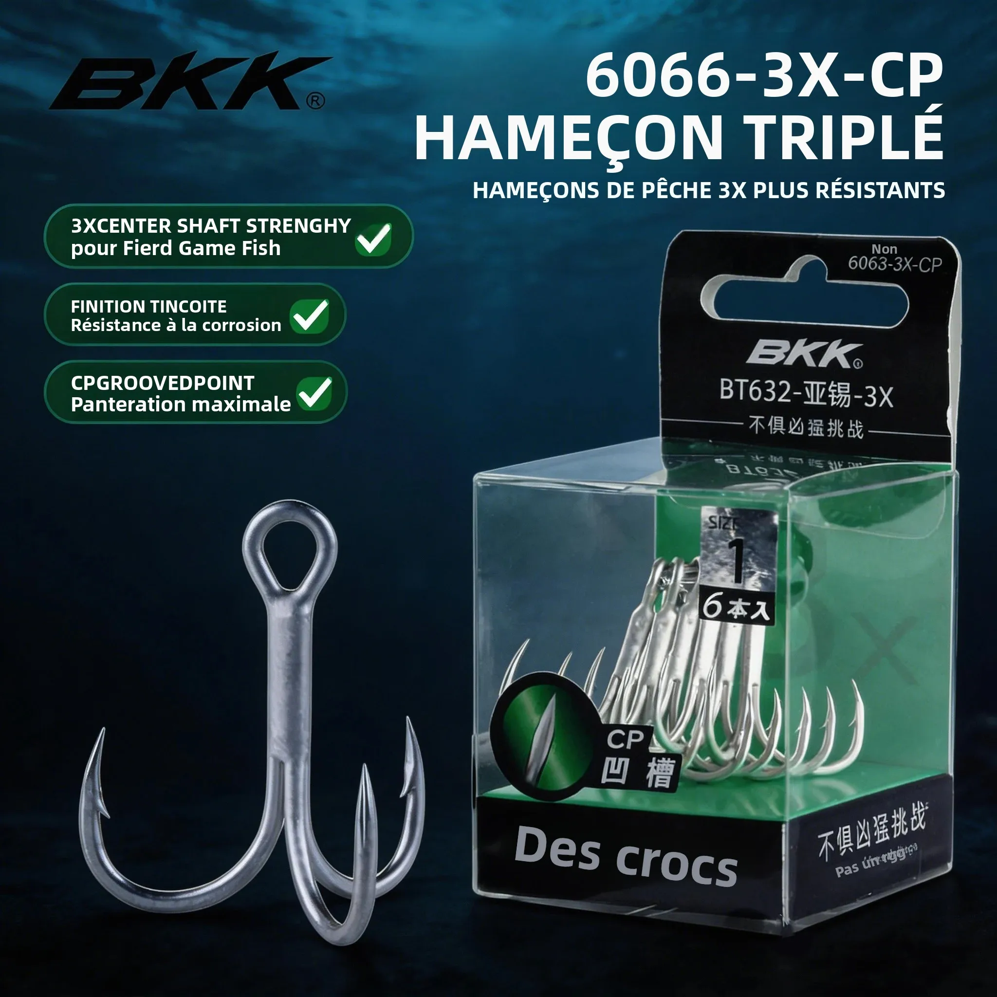 Hameçons triples BKK BT632-3X-CP Fangs, renforcés 3X, avec pointe rainurée CP, revêtement en étain