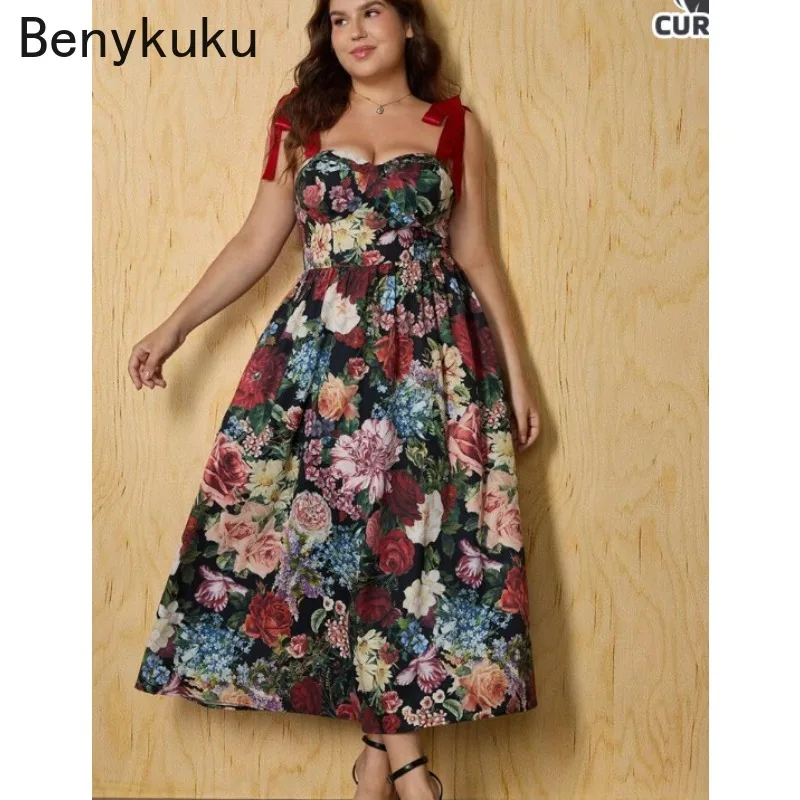 French Vintage Oil Painting Style Print Floral Strap Midi Dress Women Summer Clothes Sleeveless Swing Vacation Party Cami Dress