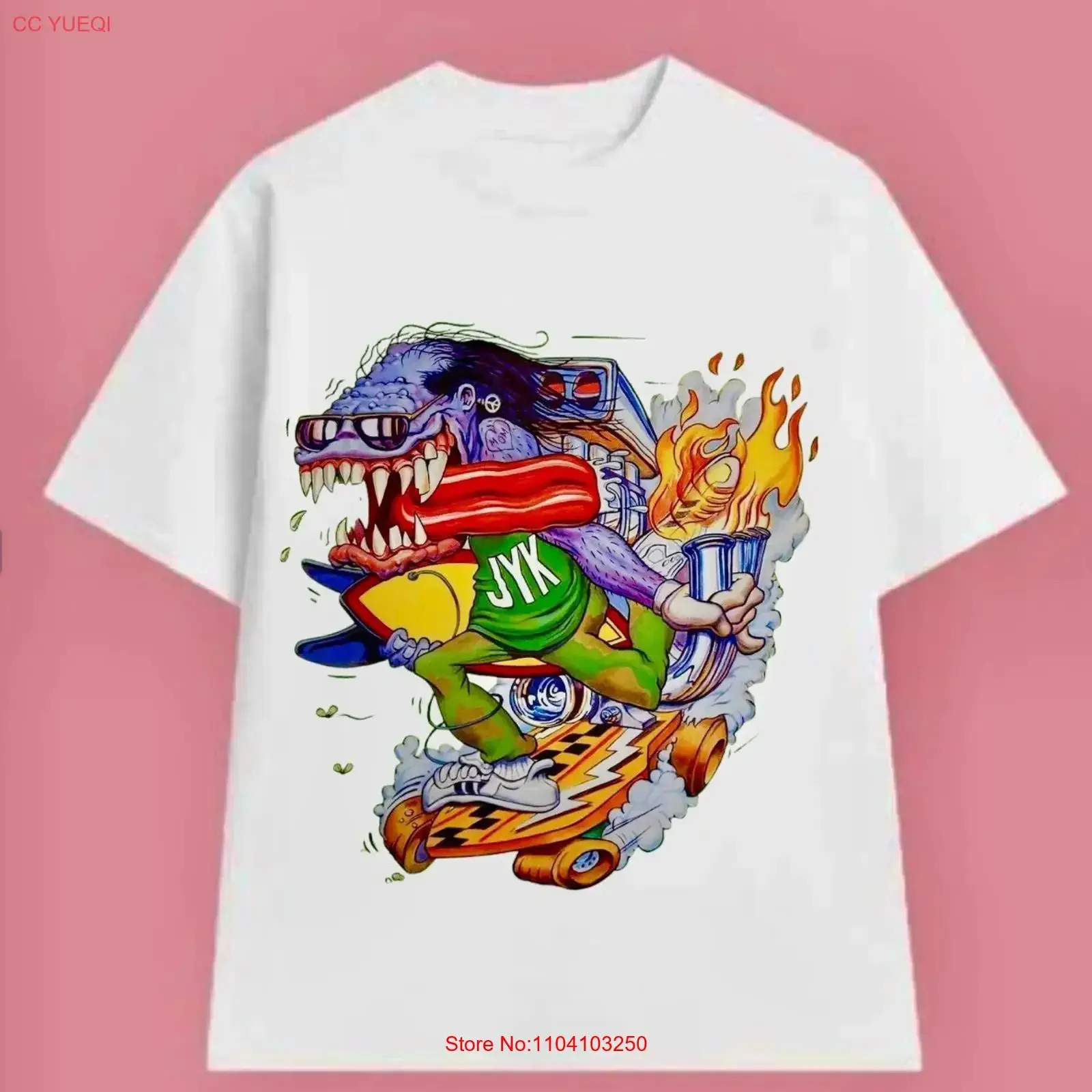 Skater Monster T Shirt Flaming Board Cartoon Style Urban Streetwear vintage Washed homme designer clothes graphic Comfortable