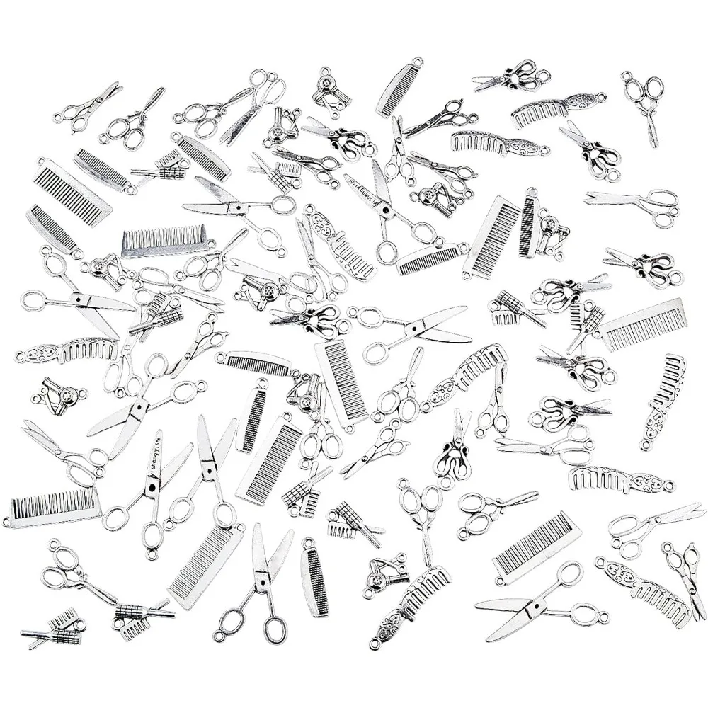 100pcs Hairdresser Charms 10 Style Hair Stylist Charms Scissor Comb Hairdressing Tools Charm for Necklace Bracelet