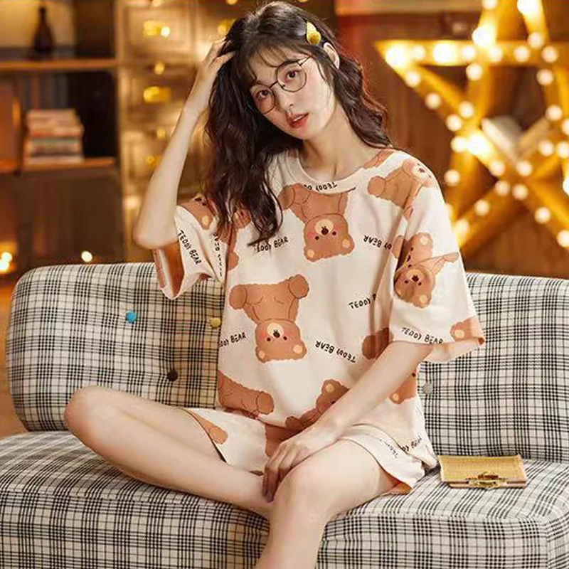 Two Sets Of Pajamas Women\'s Summer Short-Sleeved Shorts Large Size Thin Section Cute Comfortable Loose  Worn Outside Homewear