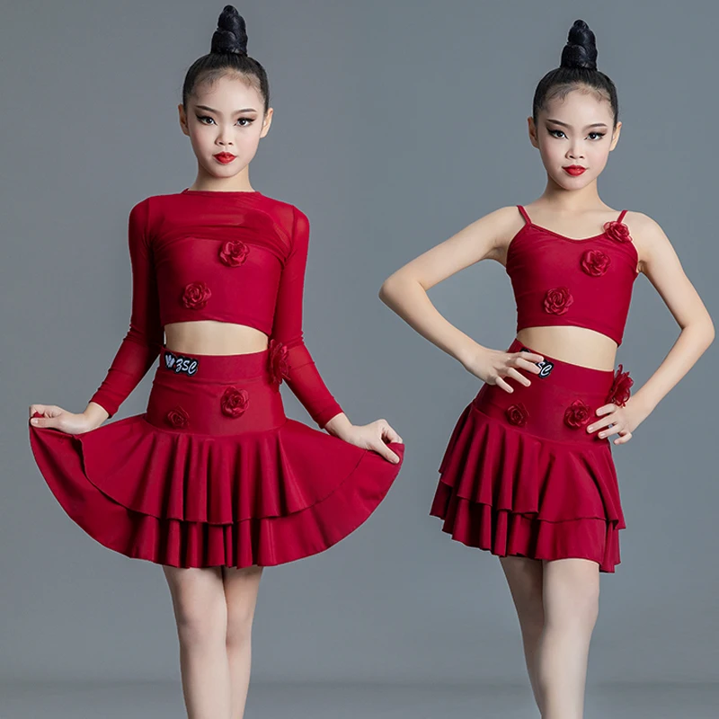 Children\'S Latin Dance Clothes Girls Red Latin Top Skirt Pants Performance Dance Costume Ballroom Dance Competition Wear SL8579