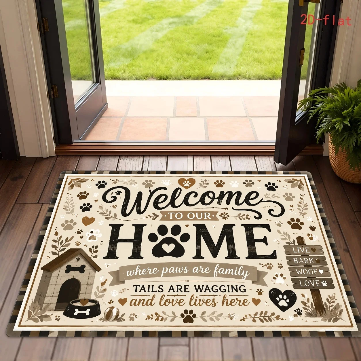 Front Door Mat Four Pitbull Bully Puppies Printed Carpet Hello Greeting Slogan Hand Drawn Black Hearts for Entrance Hallway