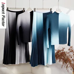 Fashionable and Westernized Gradual Pleated Top Temperament Advanced Two Piece Half Skirt Set Women's Autumn Dress