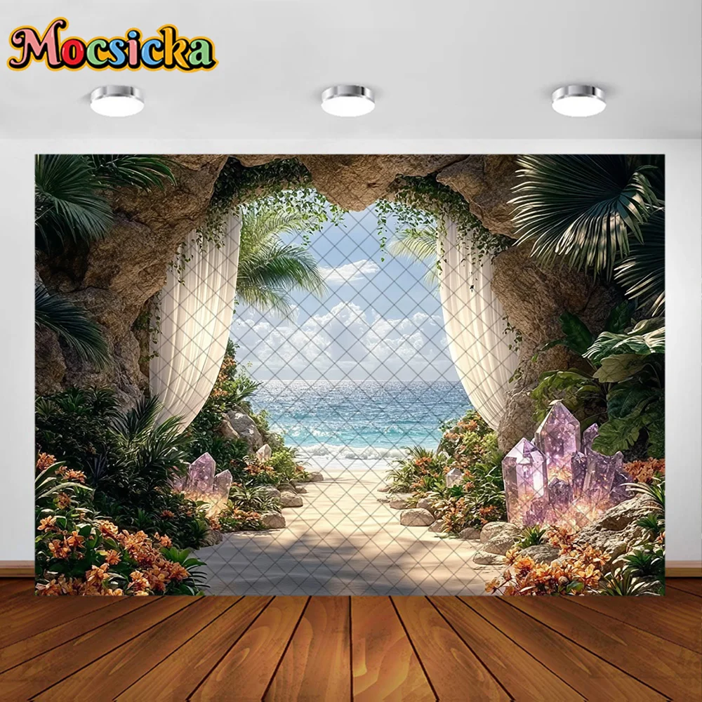 Mocsicka Summer Photography Background Beach Palm Tree Crystal Adventure Decora Cake Smash Newborn Birthday Party Studio Prop