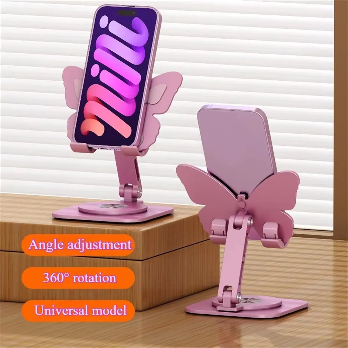 A14G Phone Stand Aluminum Alloy Butterfly Foldable 360 Degree Rotating Adjustable Within 8inche for Desk Tablet Smartphone