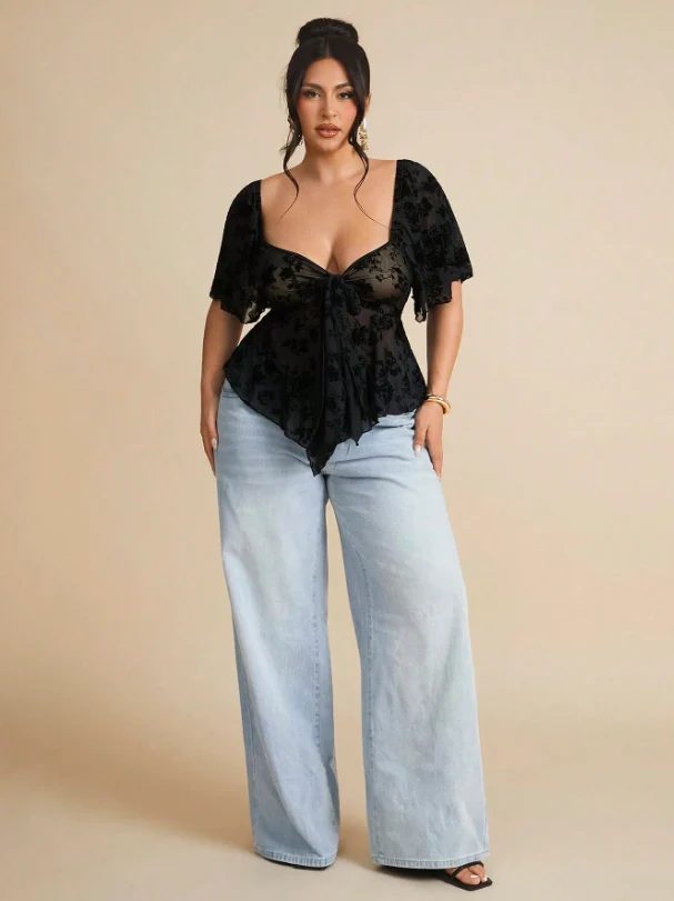 Plus Size Women's Sheer Mesh Top Black Velvet Flocked Floral Print Sweetheart Square Neck Ruffle Flutter Sleeves Bust Self-Tie H