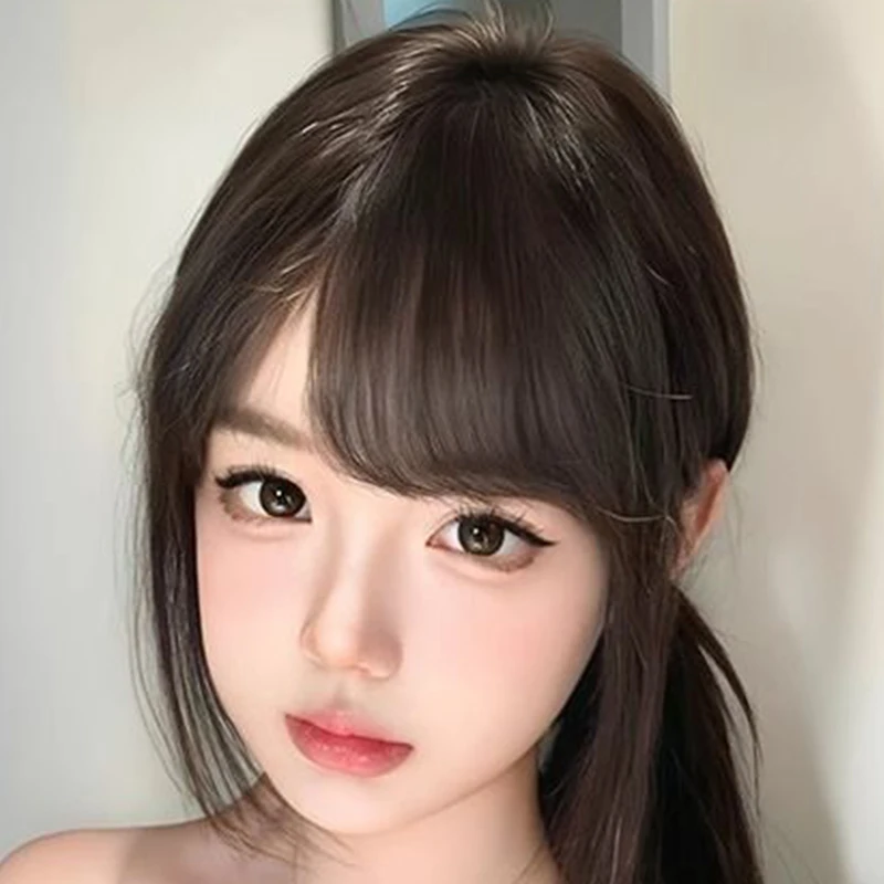 وصلة شعر صناعية غير مرئية على شكل غرة هوائية - قطعة شعر ذات أهداب أمامية باللون الأسود أو البني، إكسسوارات شعر أنيقة للنساء