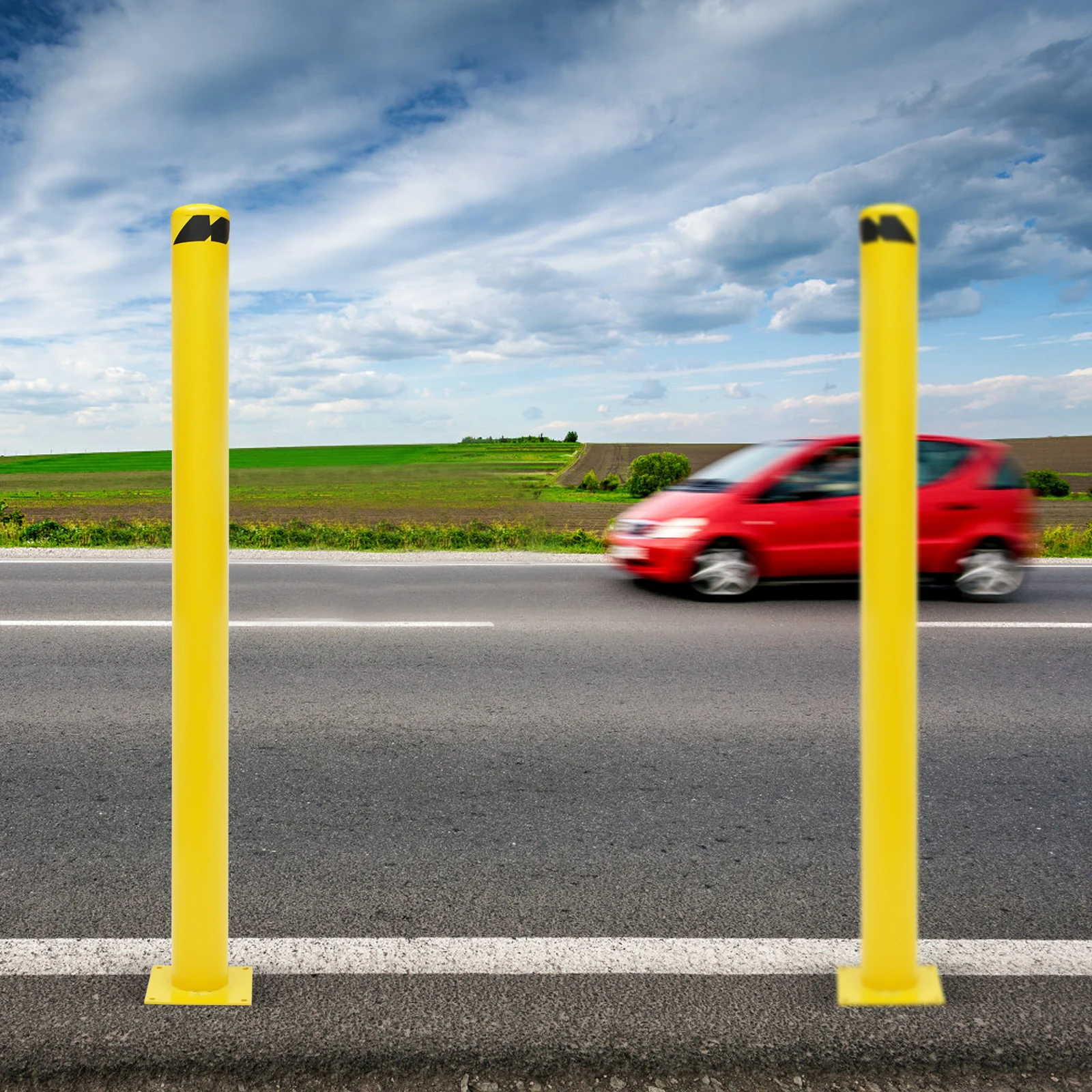 Safety Bollard Post 60'' Height Bollard Post Yellow Steel Pipe Parking Barrier with 4 Anchor Bolts for Driveway Traffic Control