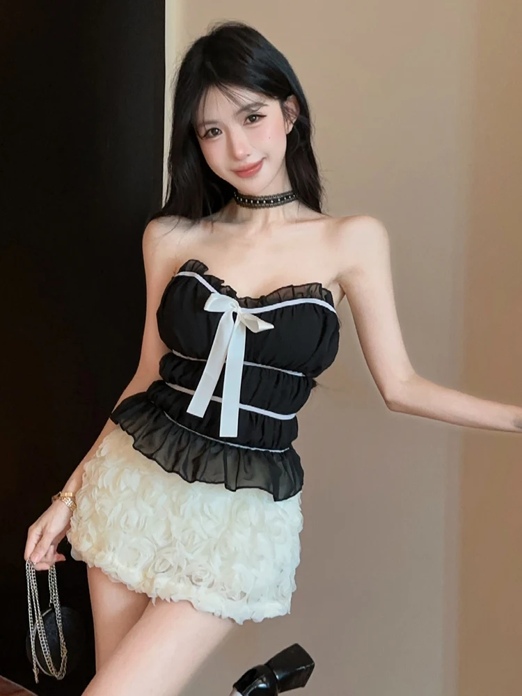 Sweet And Spicy Girl's Design Pure Desire Gored Bustier Top And Skirt Set with Knot Tummy Control Bodycon Dress