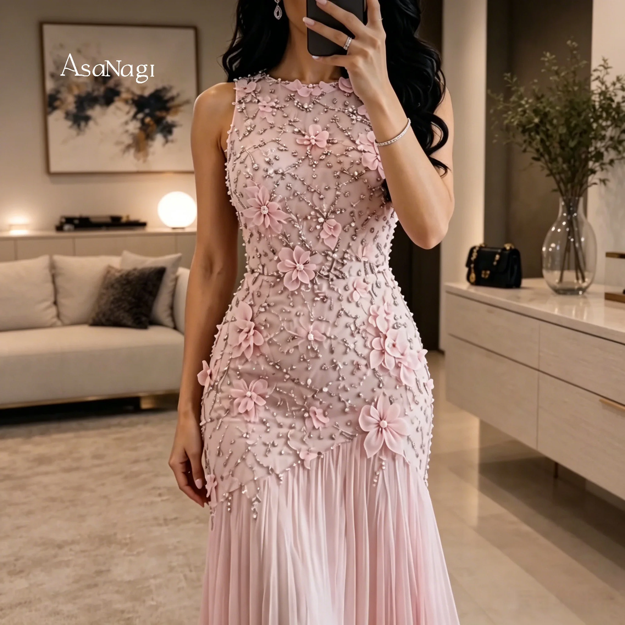 Exquisite Pink Sleeveless Floor-Length Mermaid Formal Gown Featuring Draping Beadwork and Appliqué Details