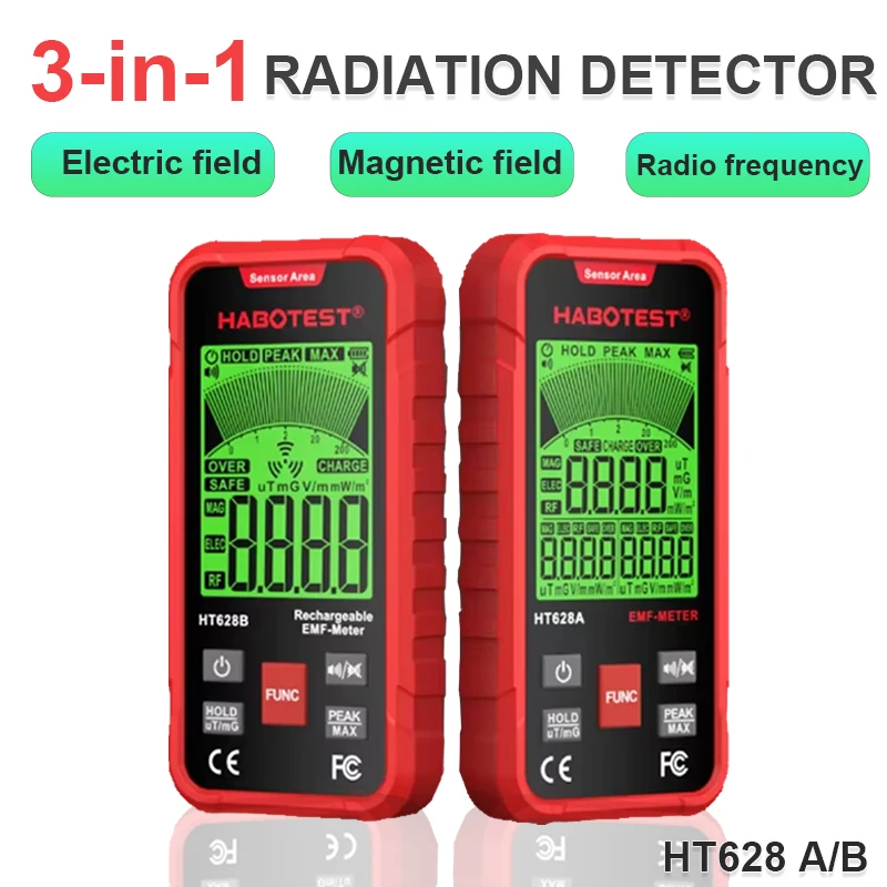 HT628A/B EMF Meter 3-in-1 Electromagnetic Radiation Tester Electric/Magnetic Field RF Radiation Detector Radio Frequency Meter