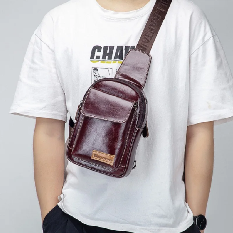 

100% Genuine Leather Men's Chest Bag Casual Luxury design Cowhide Crossbody Bag Daily Commuting single-shoulder Sport iPad bag