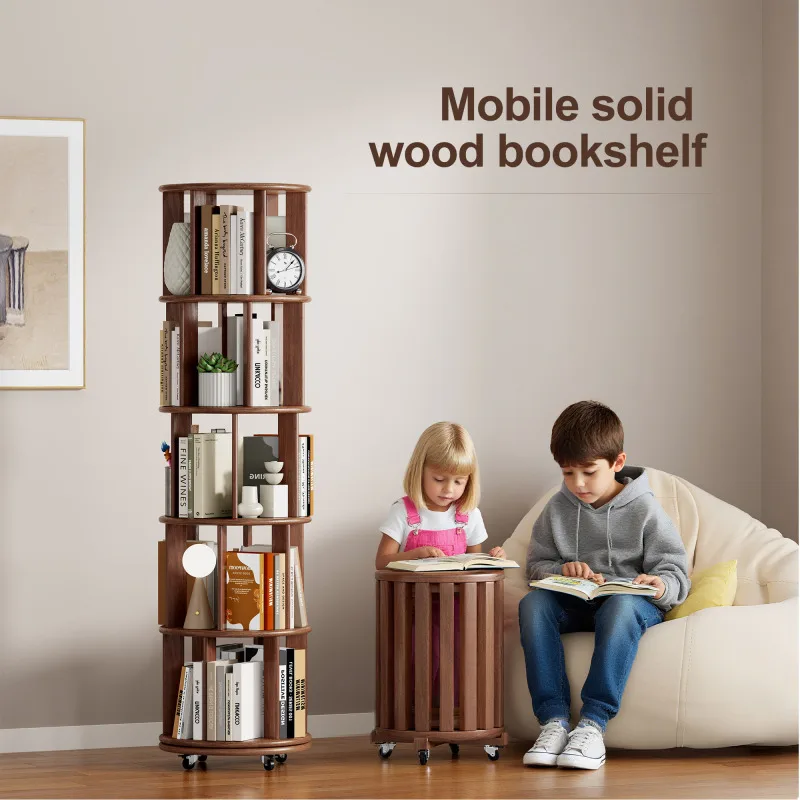 رف كتب دوار من الخشب الصلب مكون من 5 طبقات رف تخزين دائري قائم على الأرض ورف عرض لغرفة المعيشة وغرفة الدراسة