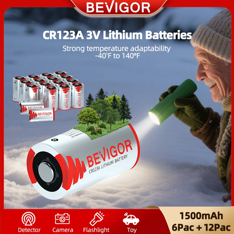 BEVIGOR CR123A بطاريات ليثيوم 3 فولت 18 حزمة، بطارية صور 1500 مللي أمبير في الساعة، بطارية ليثيوم 3 فولت 123 لمصباح يدوي وجهاز أمان