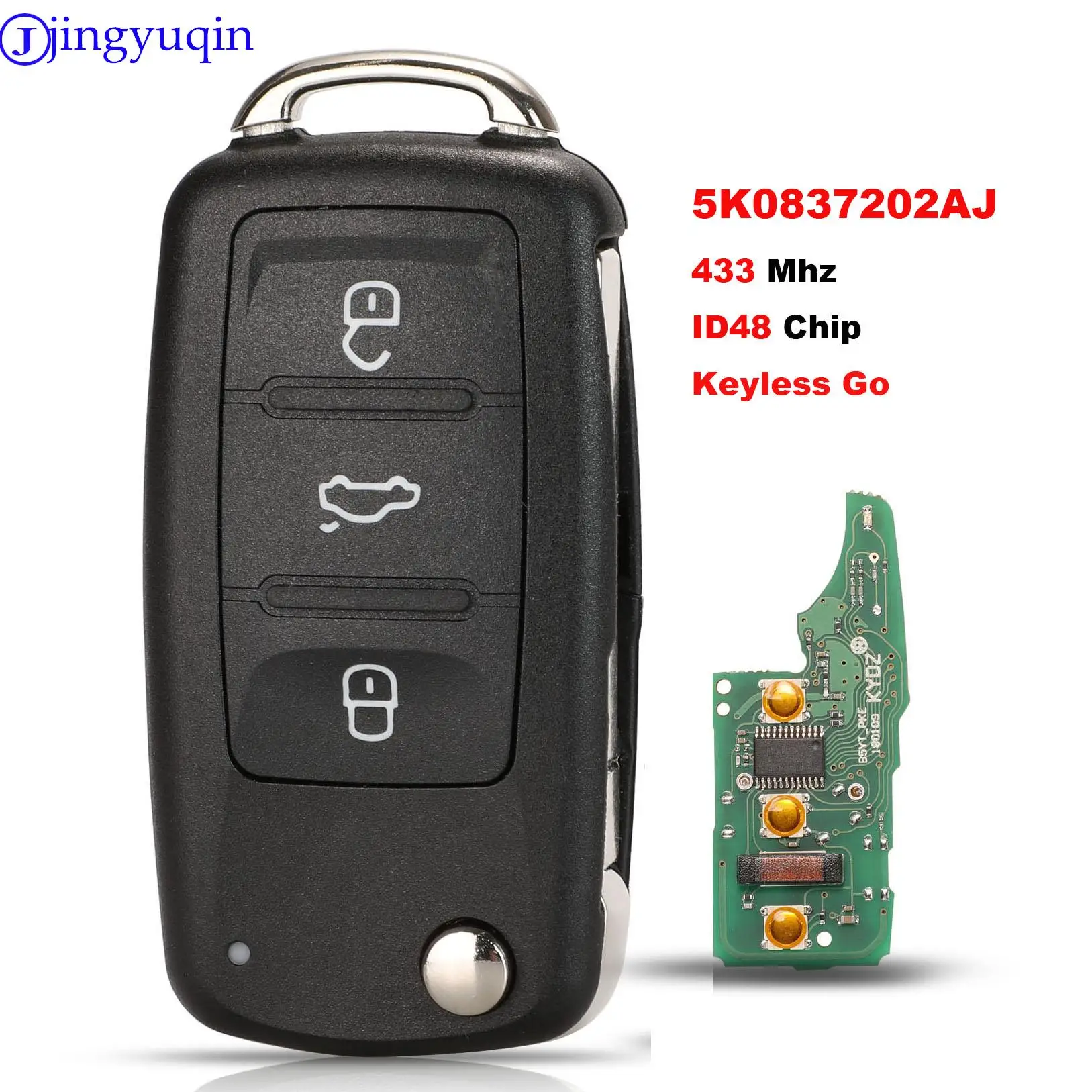 jingyuqin Remote 434MHz ID48 Chip for VW Volkswagen GOLF PASSAT Tiguan Polo Jetta Beetle Car Keyless 5K0837202AJ Keyless Go