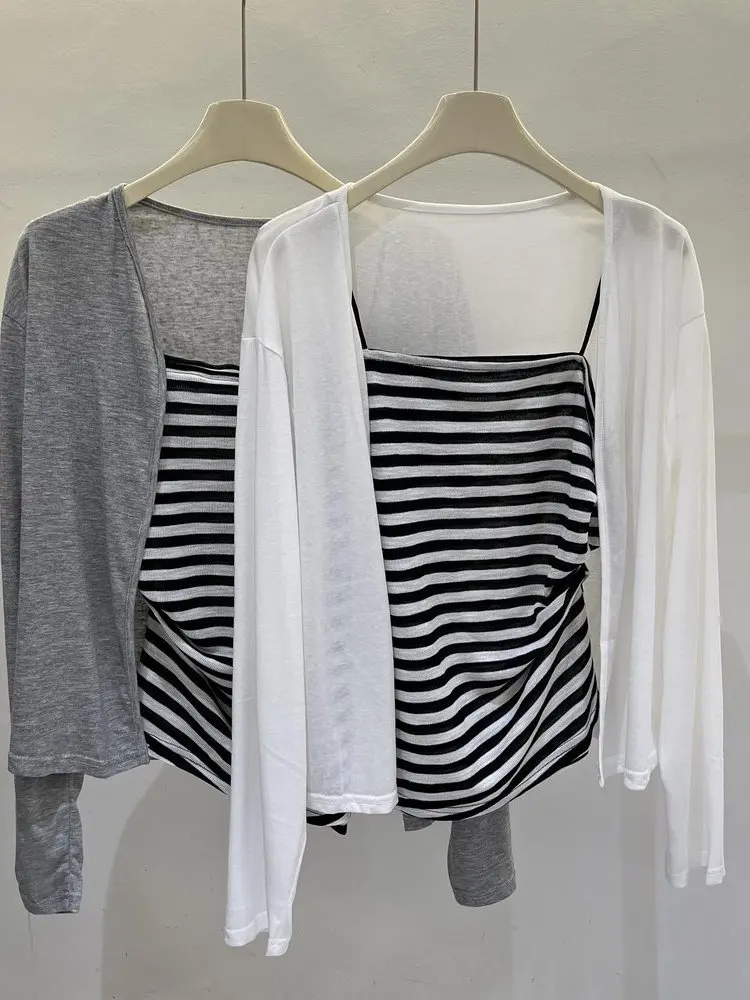

Summer New Lazy Style Striped Color Block Women's Sleeveless Vest Sun Protection Cardigan Casual Korean Loose Fit Shirt