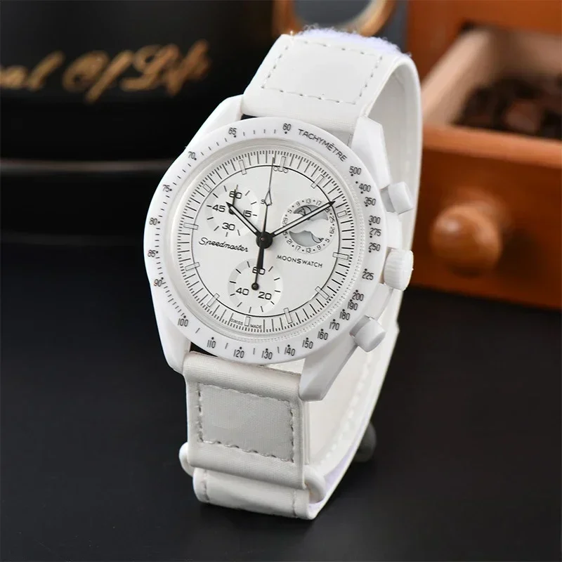 2025 ساعة رجل الموضة القمر المشترك الفضاء القمر مهمة ستة اليد كرونوغراف كوارتز ساعات رجالية ونسائية