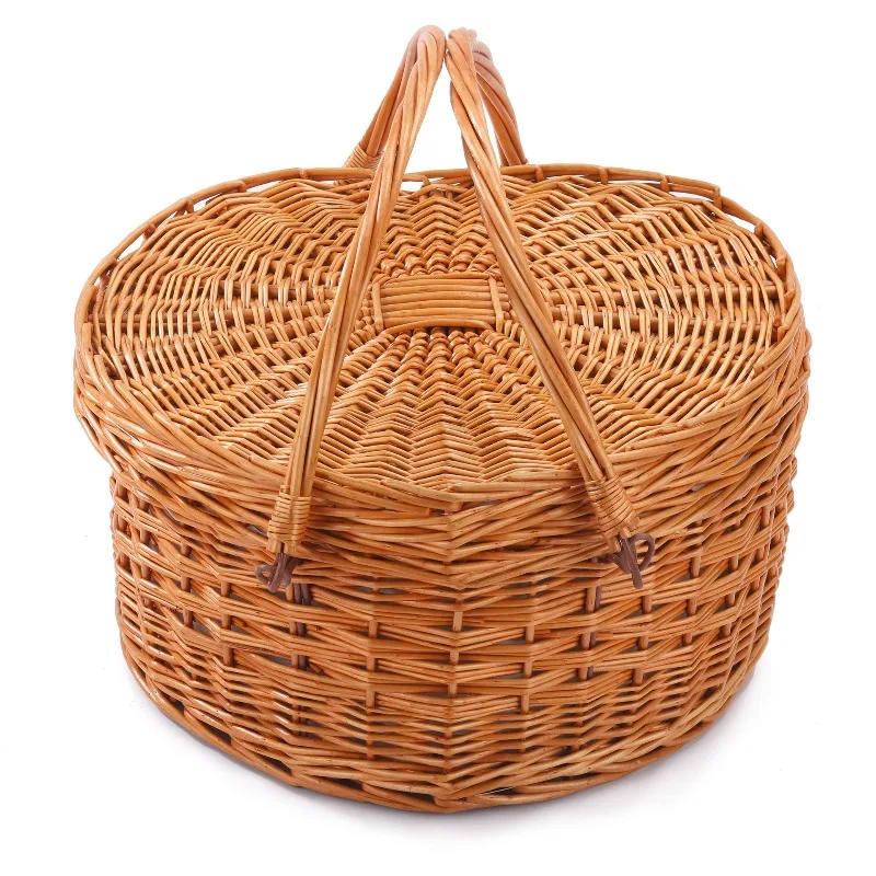 

Rattan heart picnic basket handle wicker storage basket with knives and forks tableware outdoor picnic