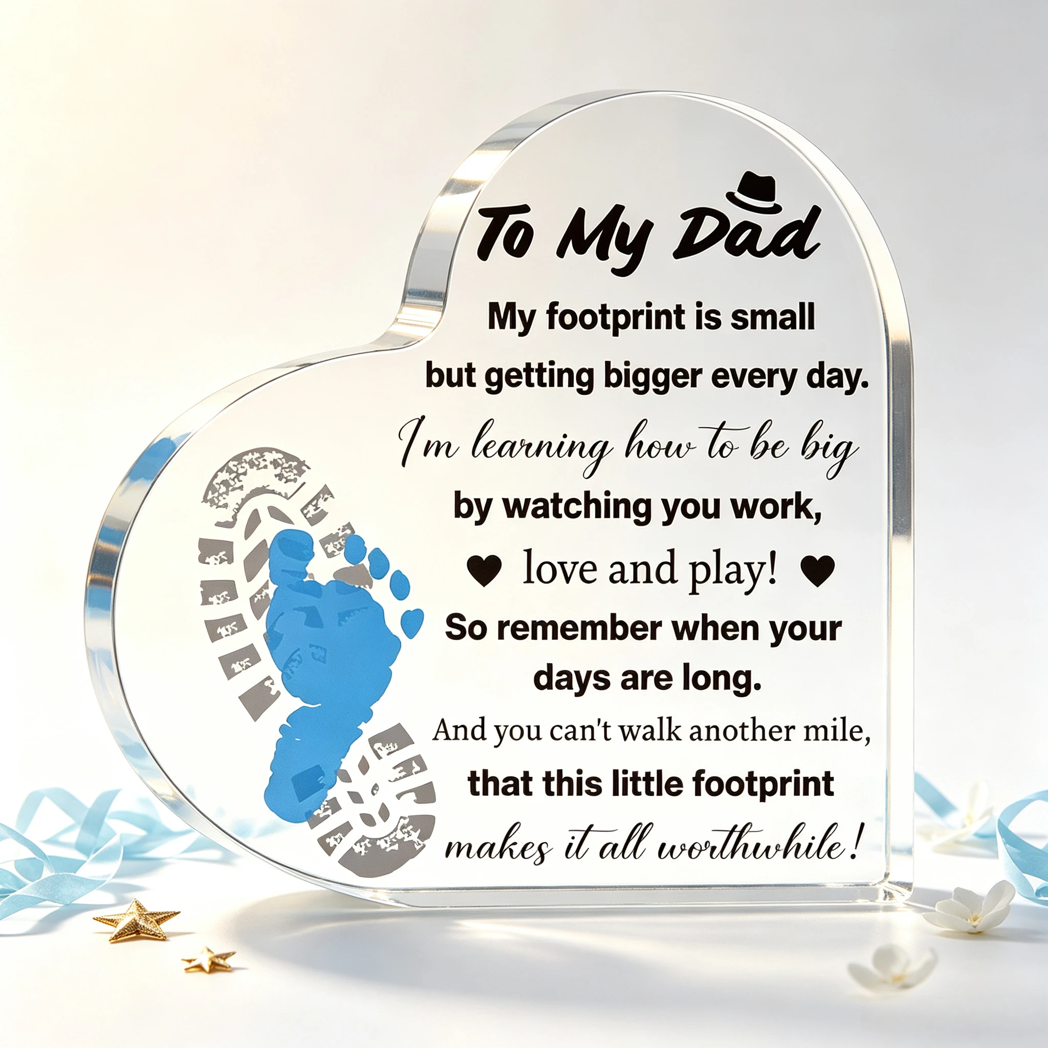 To My Dad Heart‑Shaped Acrylic Tabletop Plaque, Child Footprint Father’s Day Sentimental Desk Keepsake Gift