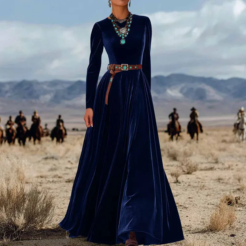 Female Clothing Vintage Solid Slim Soft Velvet Long Dresses Woman Elegant O Neck High Waist Pleated Maxi Dress for Autumn Winter