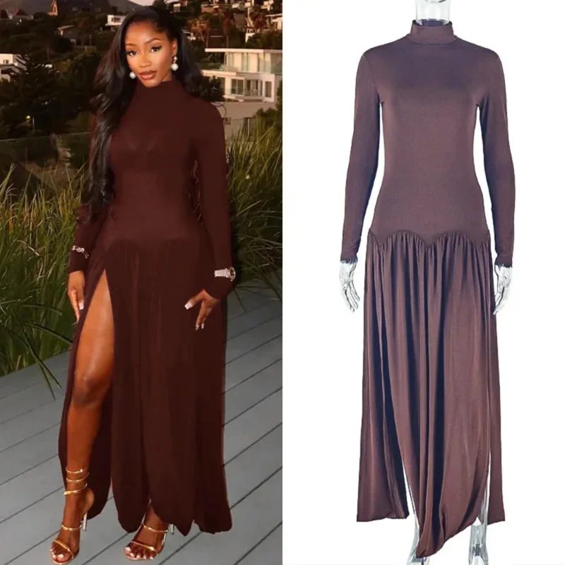 

2025 Elegant Solid Color Long Dress Women High Neck Ruched Design Slim Fit Long Sleeve Split Hem Chic Temperament Bodycon Wear