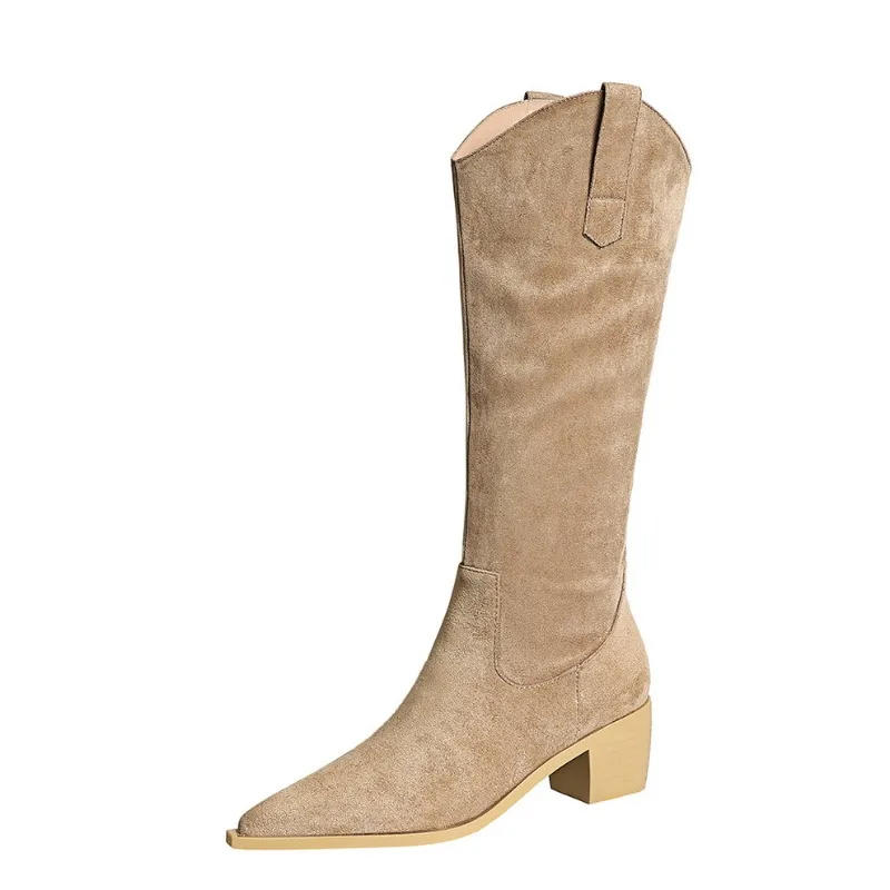 

2026 Autumn Women's Mid Calf Boots Luxury Suede Quality Handmade Comfortable Breathable 5 Cm Height Fashion Woman Ladies Shoes