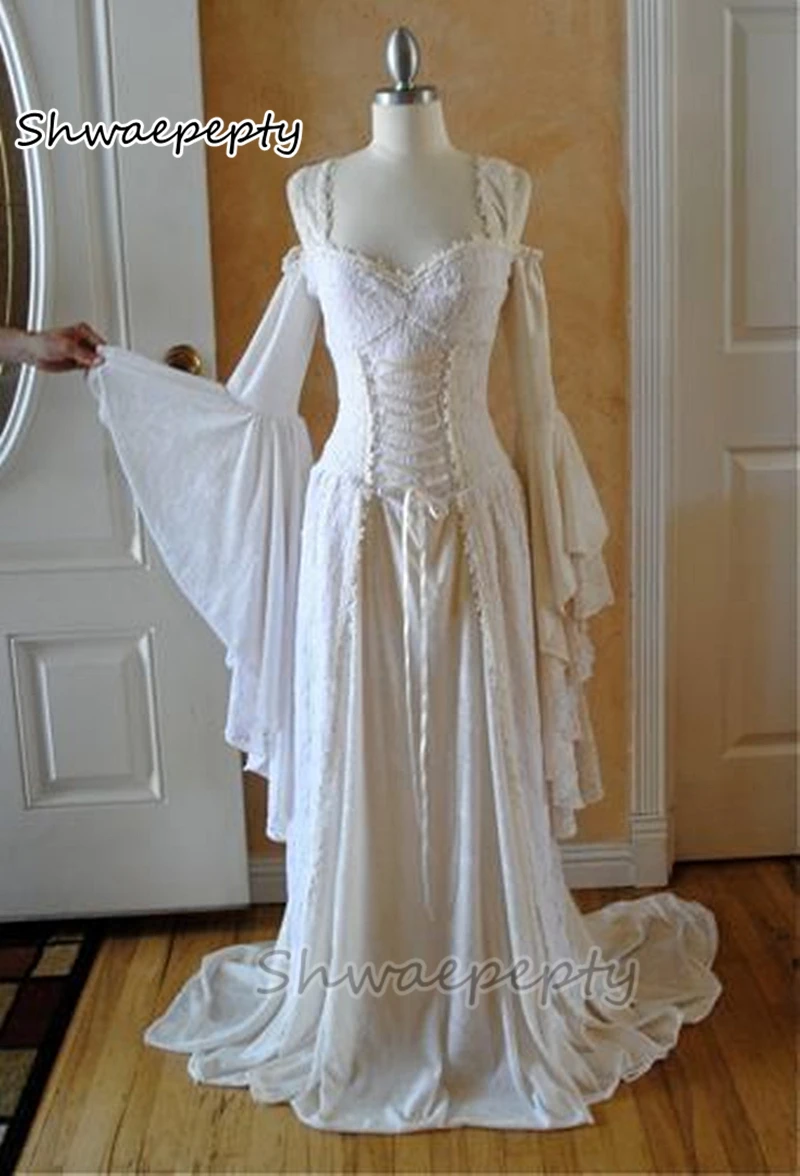 Cletic Medieval Wedding Dress Corset A Line Lace Bridal Gowns Customized Vintage Flare Long Sleeves Women Victorian Dress