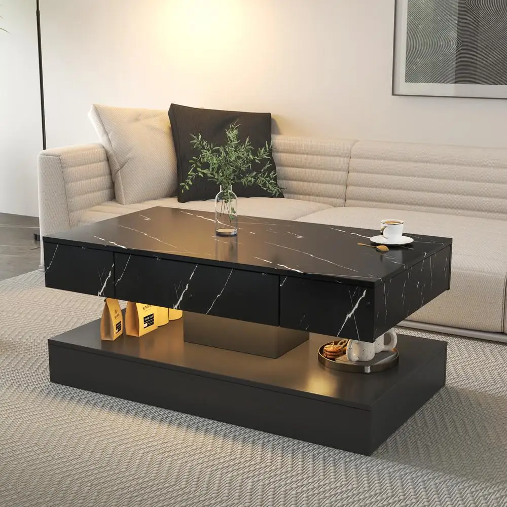 

Modern LED Coffee Table 39.37in Large Living Room Table with RGB Remote Control Drawer Storage Melamine Finish