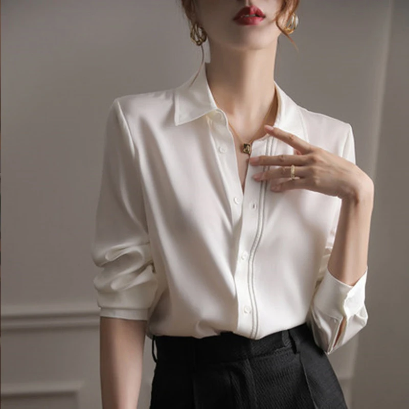 

Profional White Long Sve Women's irt Korean Sle Commute Faion Brand Button Design Sensation Ele Top