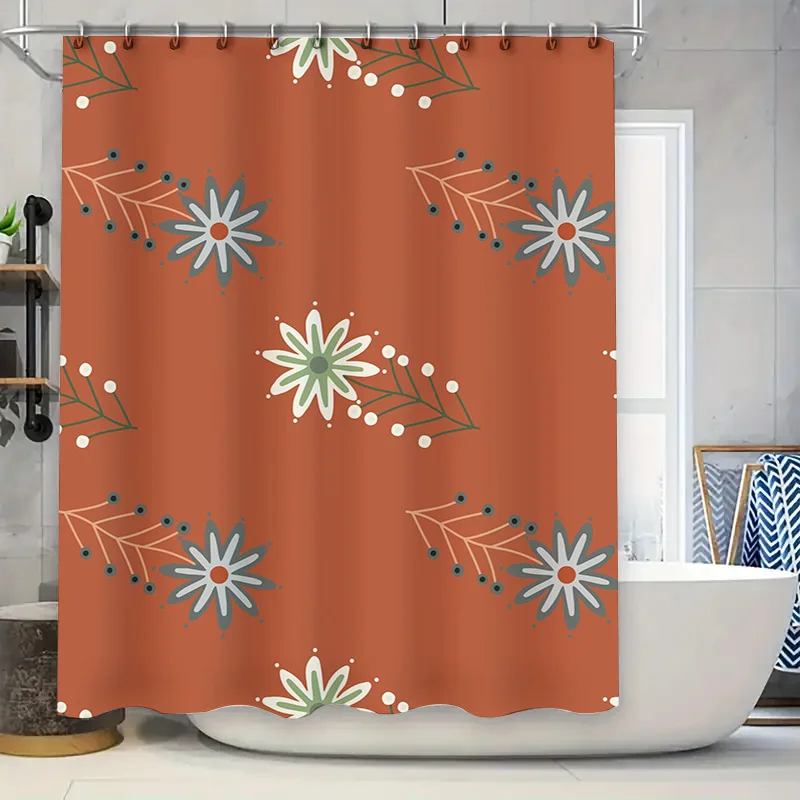 

Floral Shower Curtain Decorative Waterproof Fabric Bath Liner Set for Bathroom Accessories Red with White Flowers