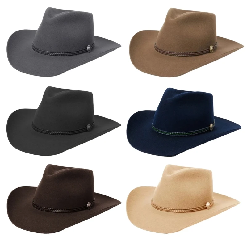 Round CowboyHat Elegant Fedoras Hat with PU Belt Theme Party Costume Woolen Hat