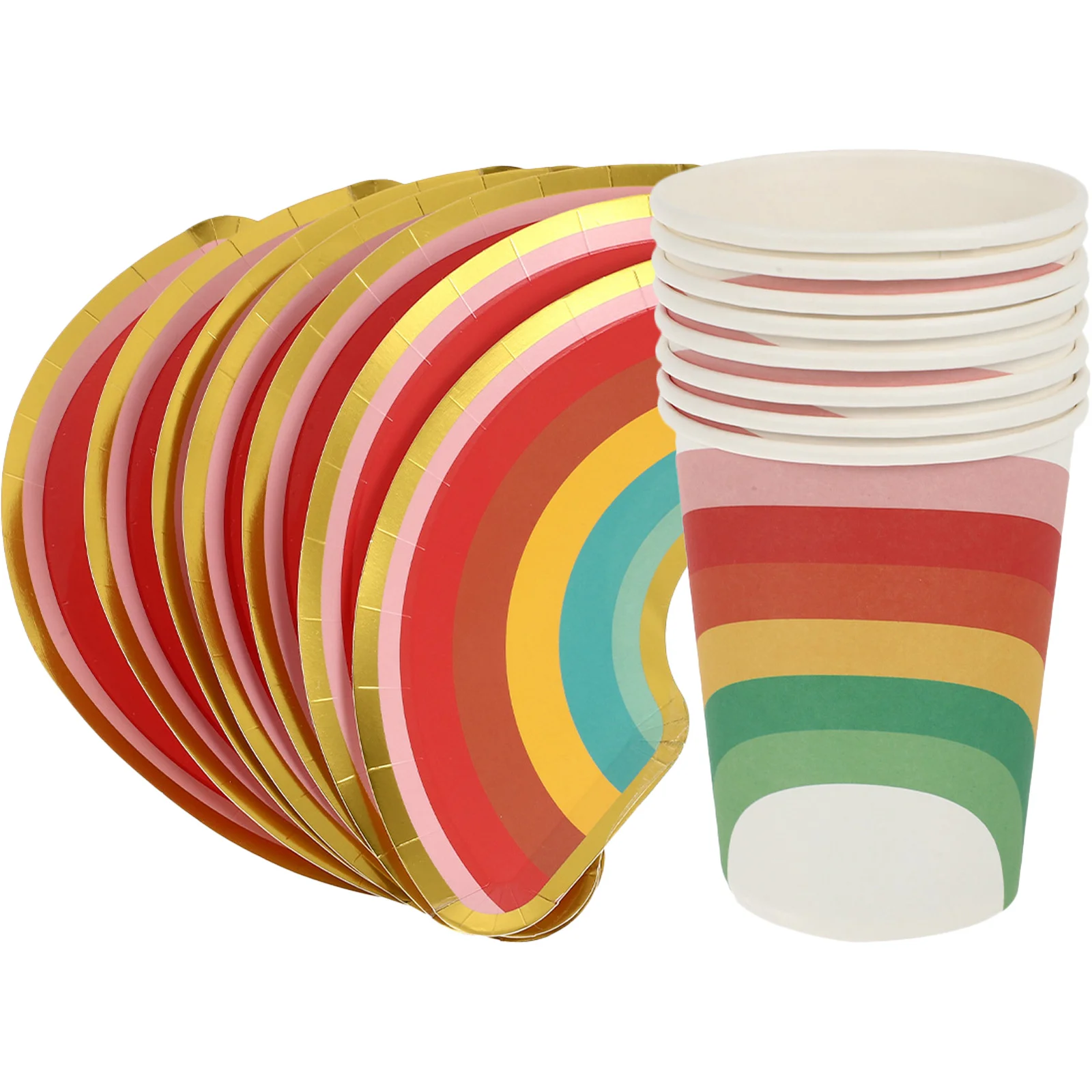 1Set Colorful Rainbow Paper Plates Cups Disposable Party Tableware Supplies for Home Dinner Party Restaurant Use