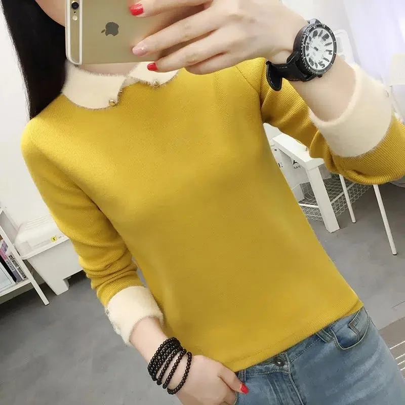 Autumn Winter Women Sweater Pullovers Long Sleeve Doll Collar Slim Winter Velvet Lining Knitted Sweater Female Jumper Short Tops