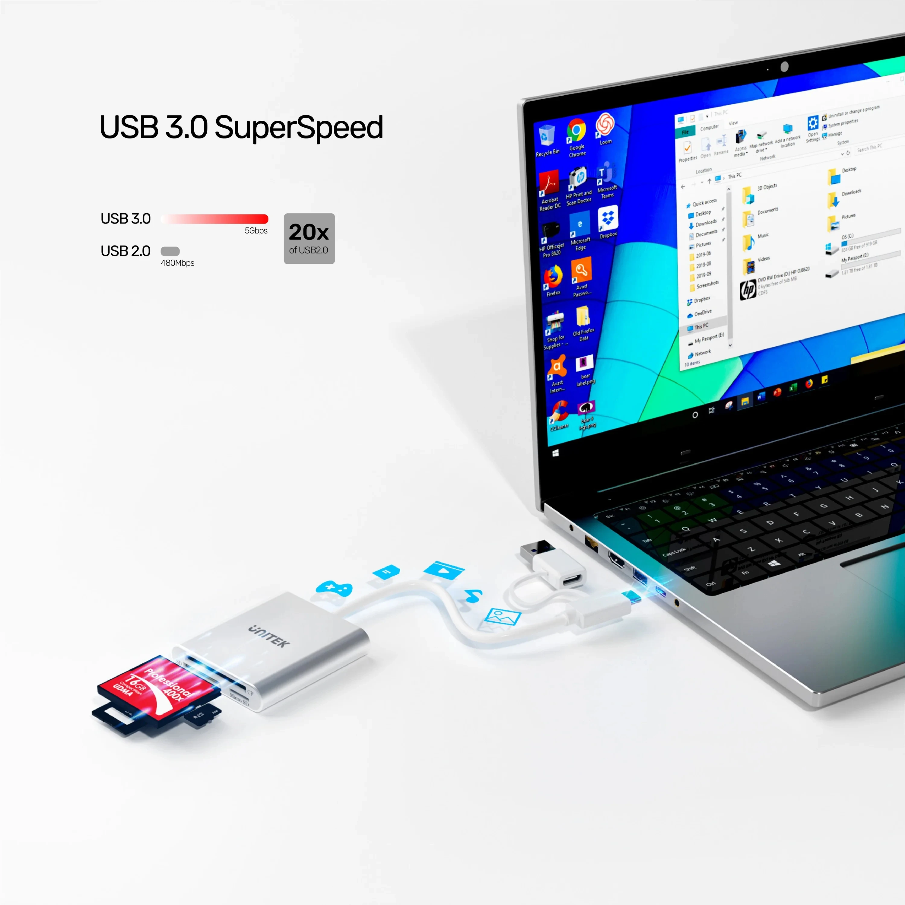 Unitek-3 in 1 Leitor de Cartão, USB 3.0 para SD, MicroSD, CF, Memória TF com USB-C Adaptador para PC, Laptop Acessórios