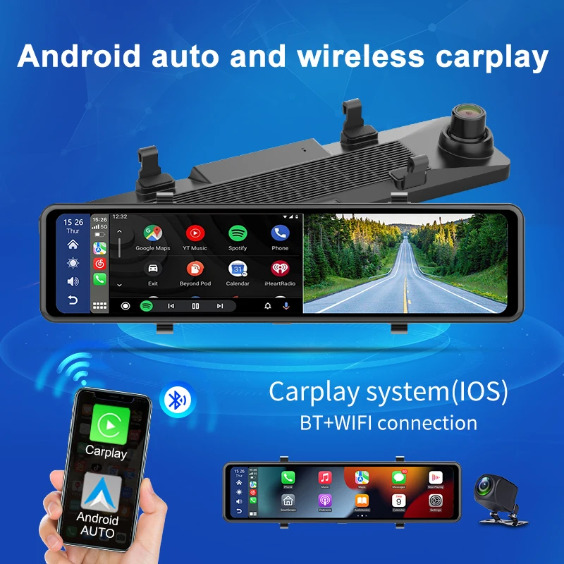 11.26 Inch Rearview Mirror With Carplay & Android Auto Car Dvr Camera Dual Lens 2K 1080P WiFi GPS FM Dash Cam Video Recorder