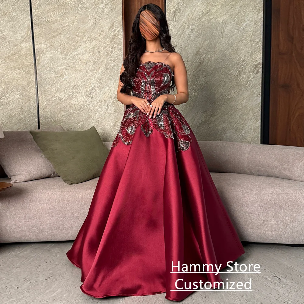Burgundy Evening Dress Heavy Beading Customized Strapless Sleeveless Crystal A Line Satin Prom Gown Arabian Party Dresses