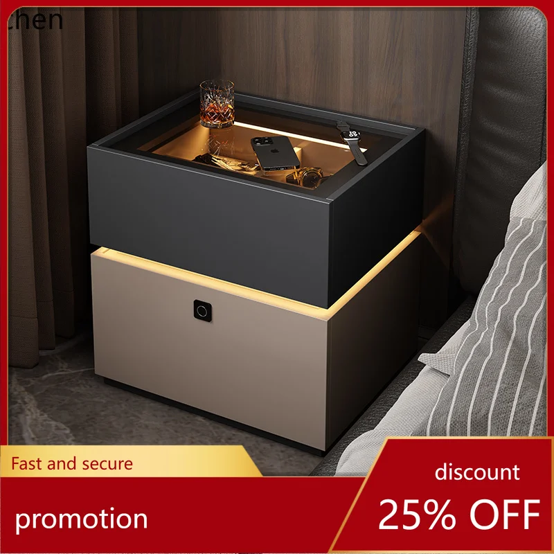 

HT smart bedside table with fingerprint lock, bedroom simple dark storage cabinet with lock safe