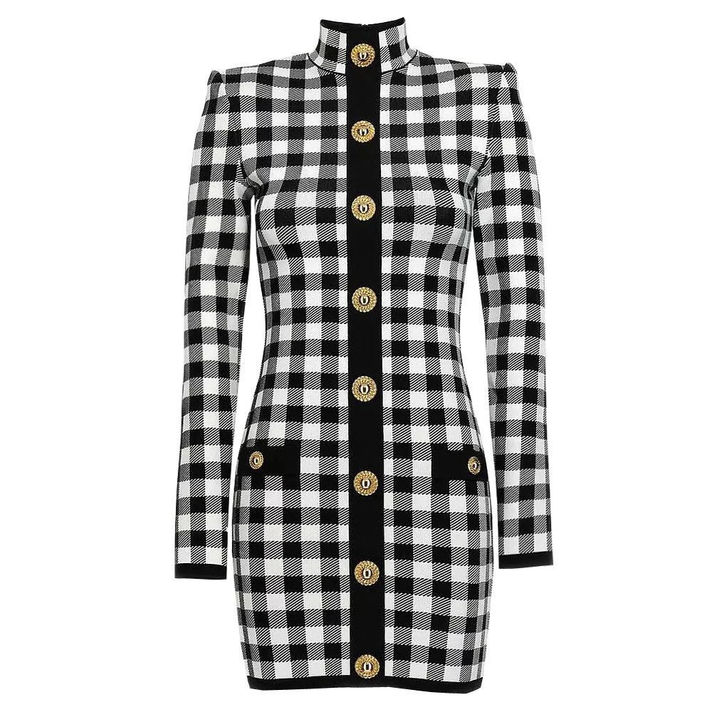 

Spring And Autumn New High Quality Fashion Temperament Commuter Stand Up Collar Skirt Plaid Long Sleeve Knitted Dress For Women