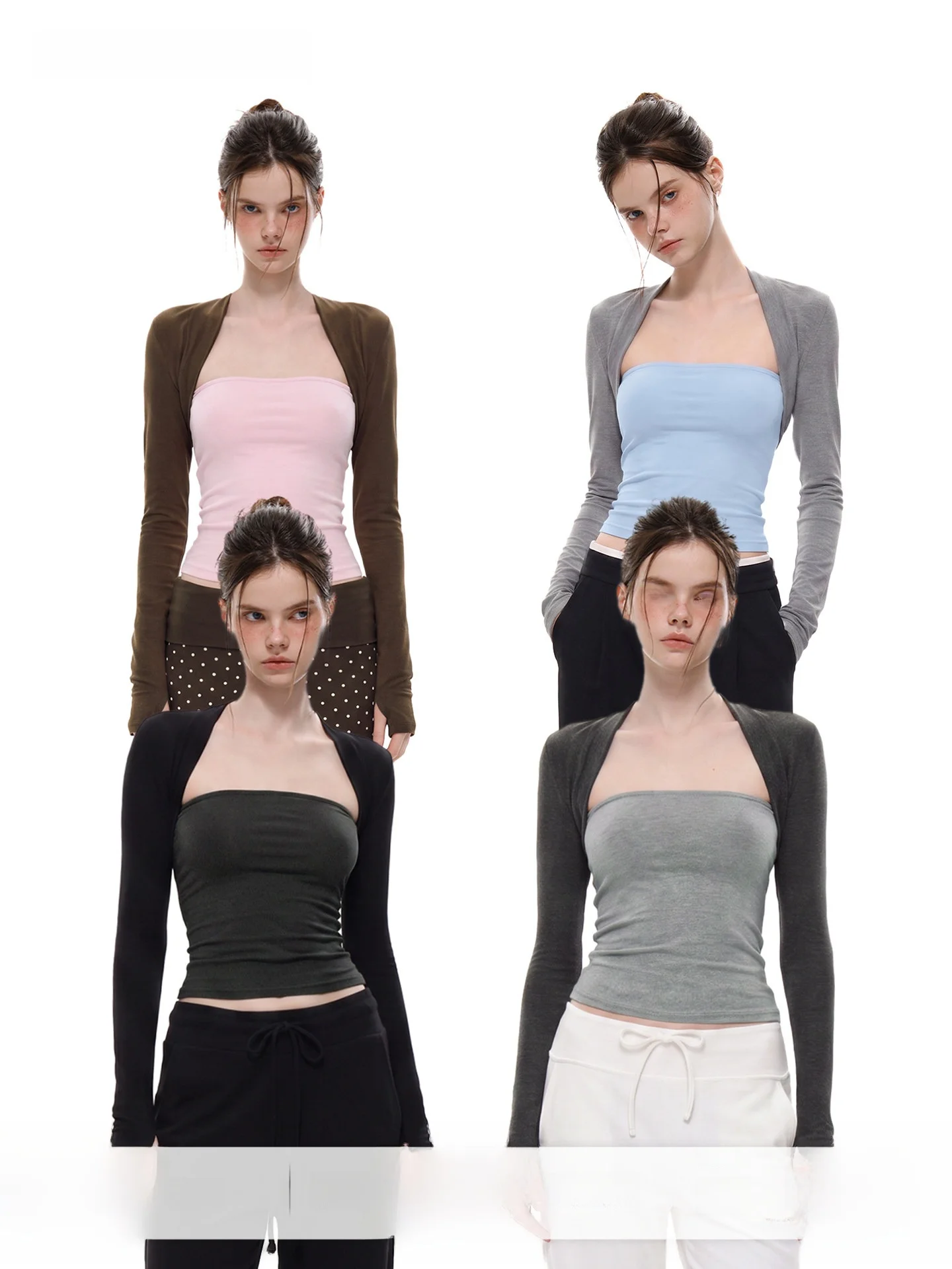 UNCMHISEX American Style Wrap Shoulder Fake Two-Piece Long Sleeve Women's T-Shirt Slim Fit Base Shirt Autumn Harvest Waist