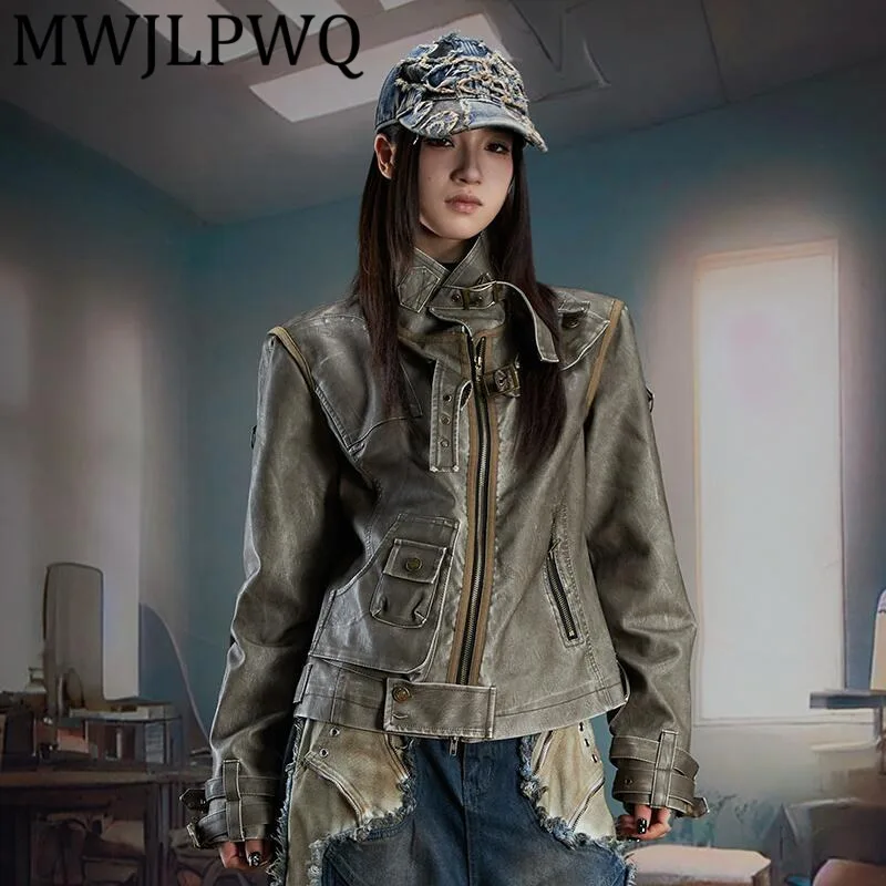 

MWJLPWQ Heavy Industry Deconstructed Patchwork Leather Jacket Street Stand Collar Distressed Zipper Slim Short Women Tops 11930