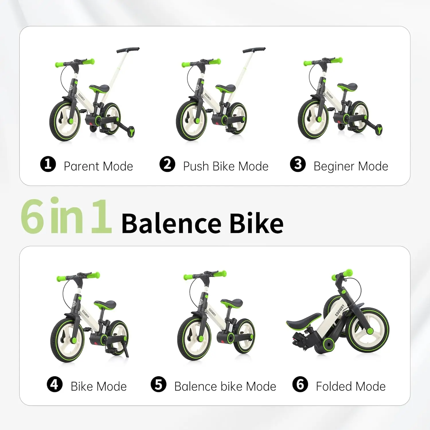 دراجة دفع قابلة للطي بمقبض للأطفال ، عجلات تدريب ودواسات 6 في 1 ، دراجة توازن ، 18-60 شهرًا