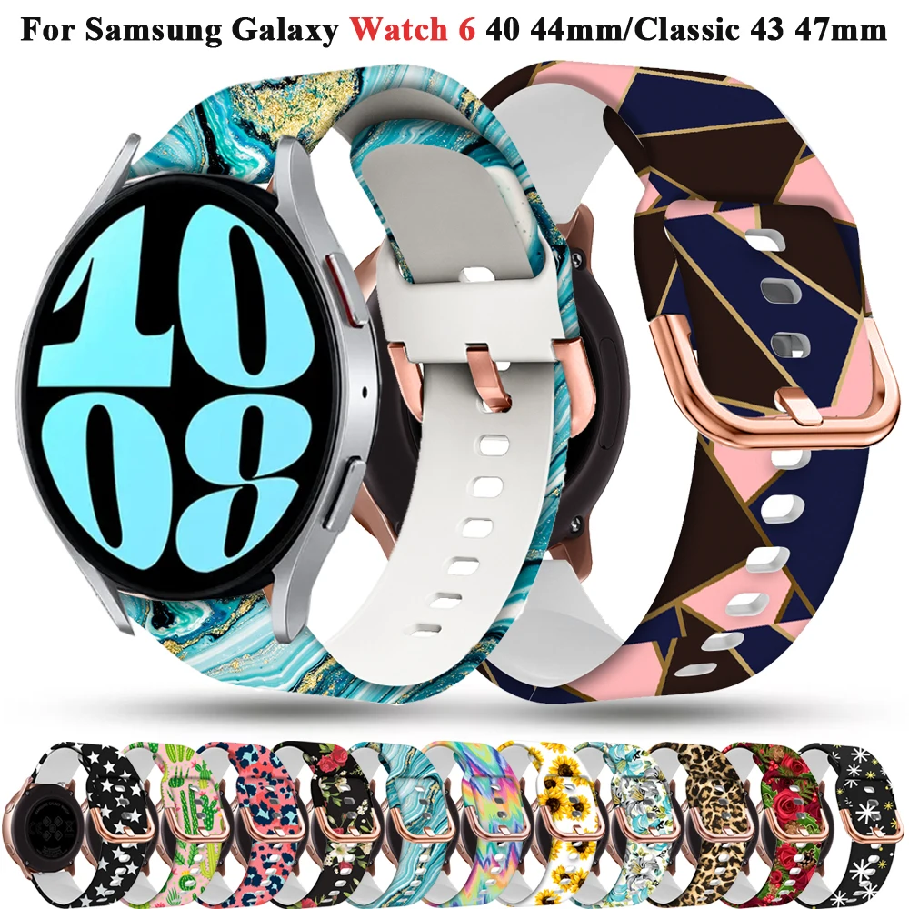 Tali silikon cetak untuk jam tangan Samsung, tali silikon cetak 6 44mm 40mm, gelang jam Olahraga 20mm untuk jam Galaxy 6 klasik 43mm 47mm