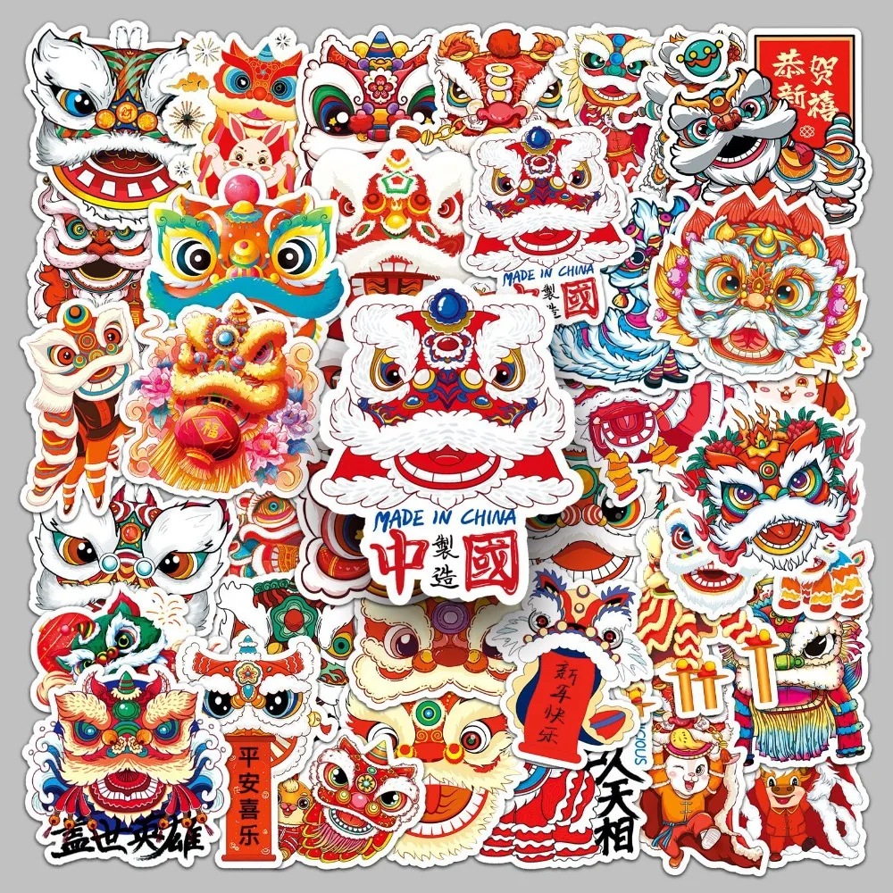 50Pcs Graffiti Stickers China Lion Dance Decorative Stickers Waterproof Decals Lion Dance Series Cartoon Sticker PVC Colorful