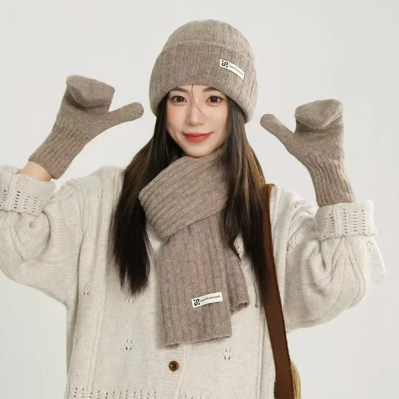 

Vertical stripe scarf hat gloves three-piece set, winter warm solid color versatile Christmas gift neck warmer monochrome