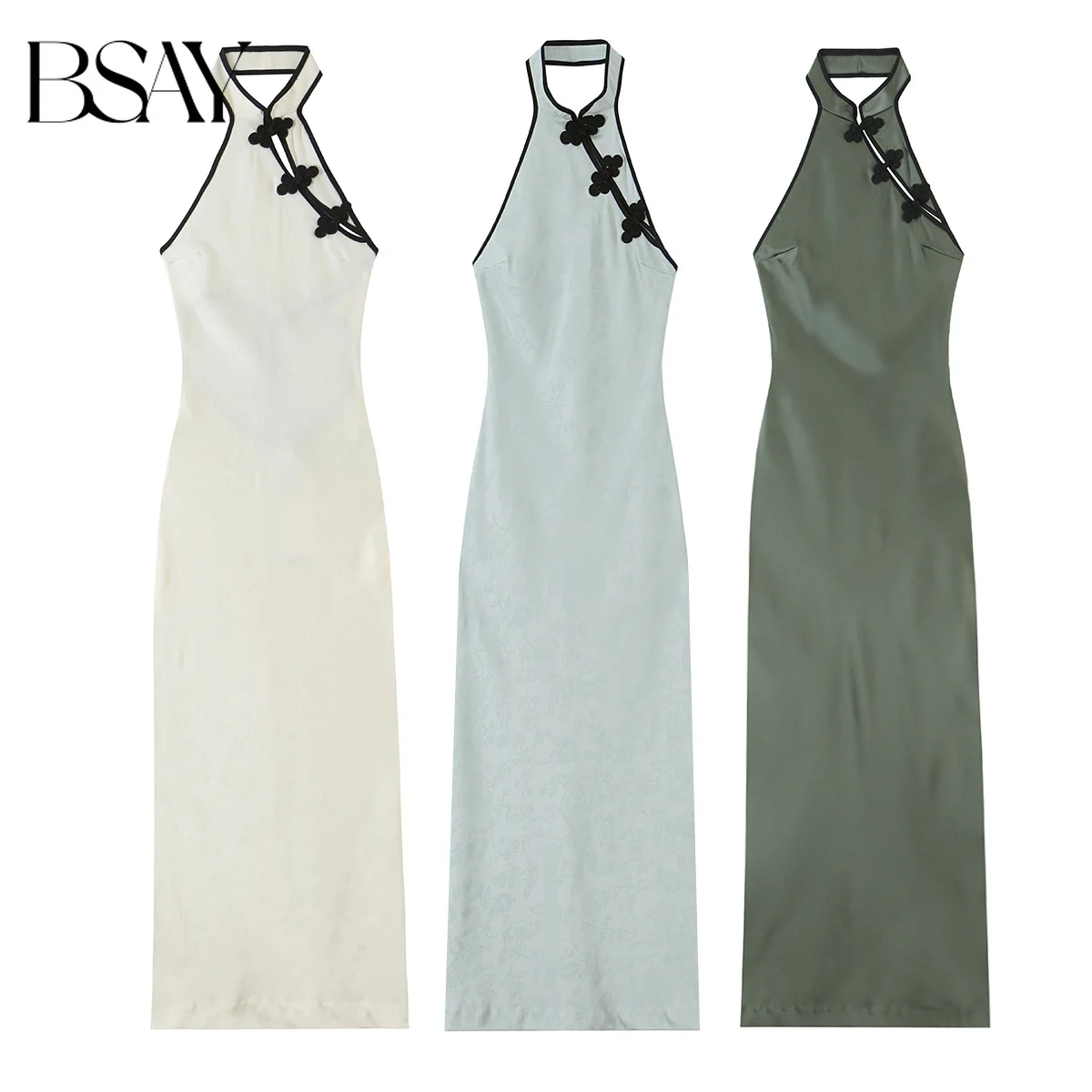 BSAY 2026 Chinesisches Neckholder-Midi-Qipao-Kleid mit Froschknöpfen, Jacquard, ärmellos, figurbetont, langes Kleid, elegantes Partykleid für Damen