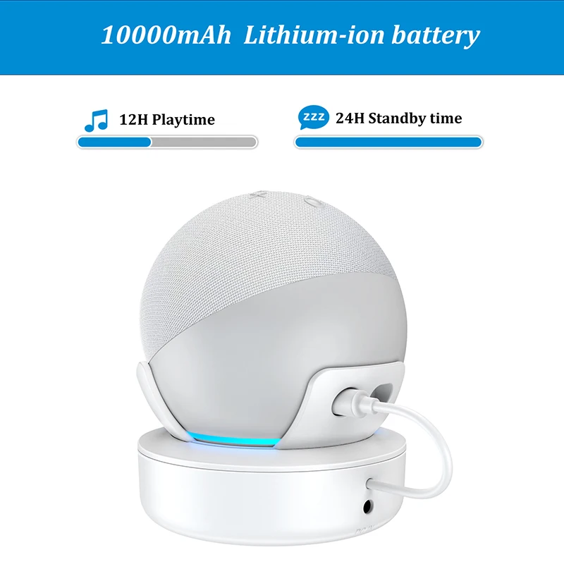 قاعدة بطارية محمولة PlusAcc لـ Echo Dot 4th & 5th Gen 10000mAh بنك طاقة قابل لإعادة الشحن لشاحن حامل Alexa Echo Dot 5