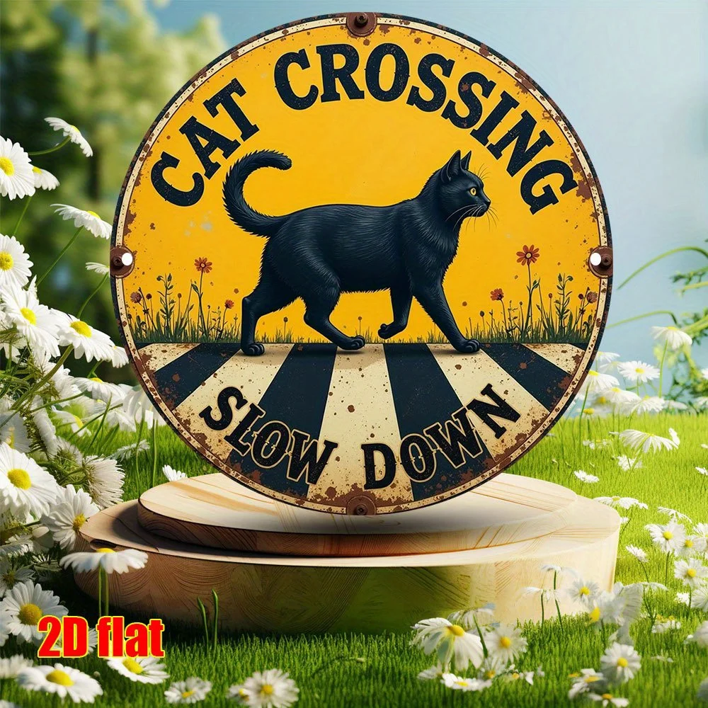2D flach, 1 Stück Vintage „Cat Crossing Slow Down“ Metallschild – 7,8 x 7,8 Zoll Aluminium-Wanddekoration mit schwarzer Katzensilhouette, gelber Ba