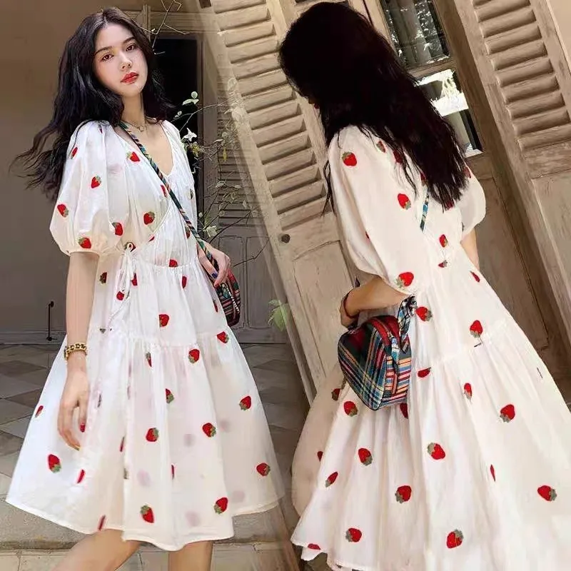 Spring Summer Strawberry Maternity Dress Woman Pregnancy Clothing Pregnant Clothes Female Embroidery Pattern Dress M-XXL